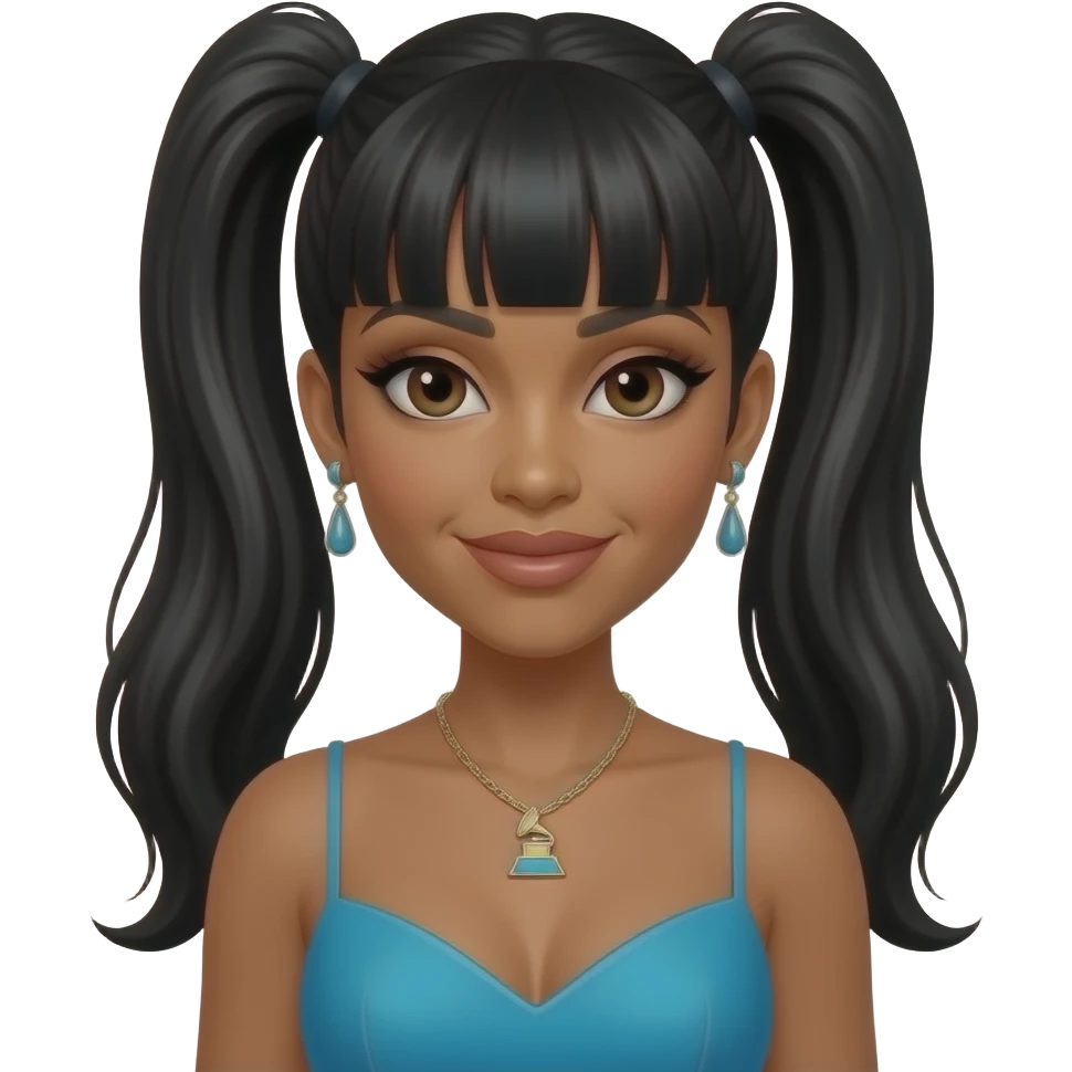 Lisa Left Eye Lopes from TLC with light brown skin, dark brown eyes, black two high ponytail hair with bang, azure grammy dress, necklace and earrings emoji
