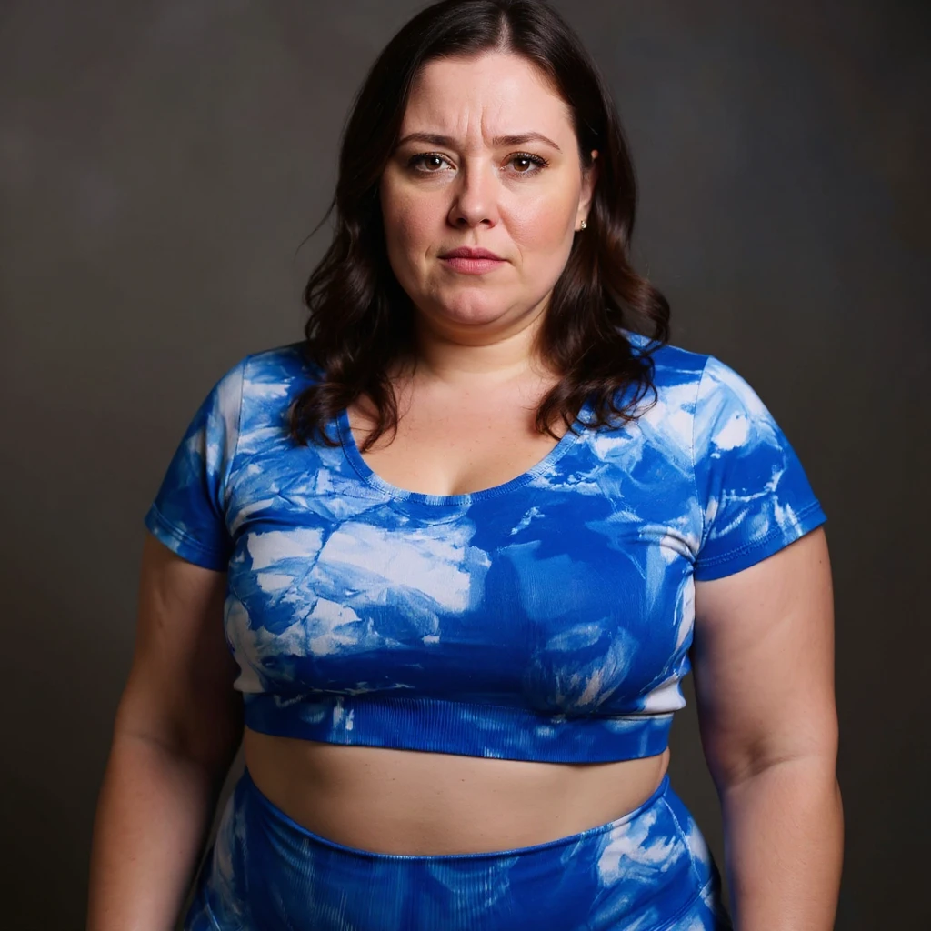 Realistic style woman in sportswear inspired by the reference photo, with a bloated belly and a discomforted expression, neutral background. emoji