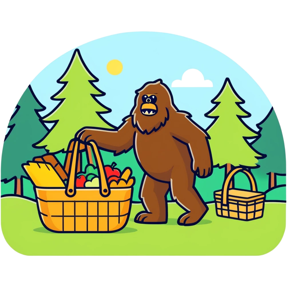 Make a sasquatch stealing from a picnic basket make it cartoony
 emoji