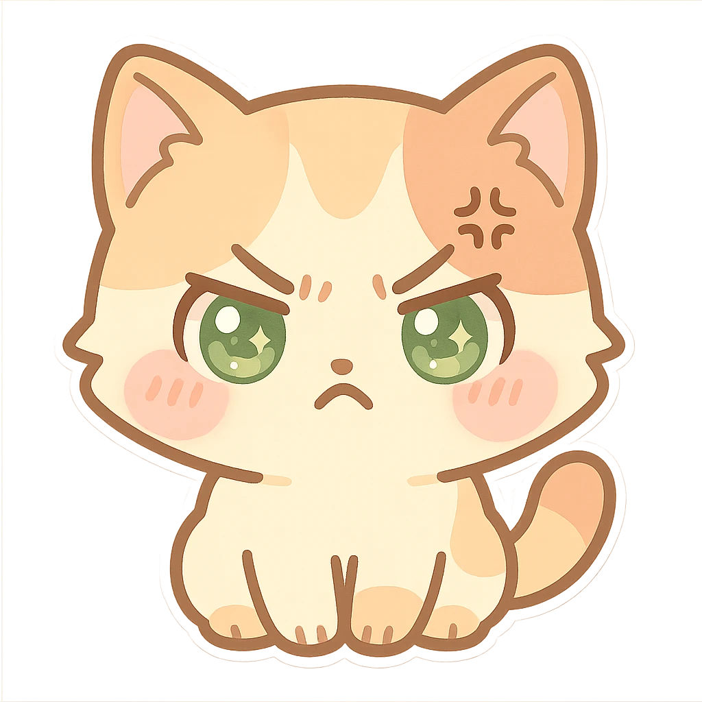 kawaii chibi-style cat emoji with pastel orange and brown cream fur, anime-style angry expression, sparkly green eyes, blushing cheeks, pastel color palette, soft rounded design, vector art emoji