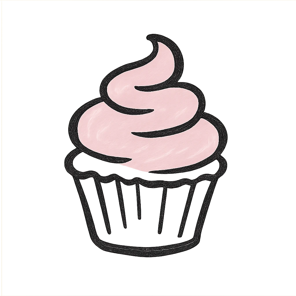 hand drawn outlined icon of a pink cupcake, no fill, thick lines emoji