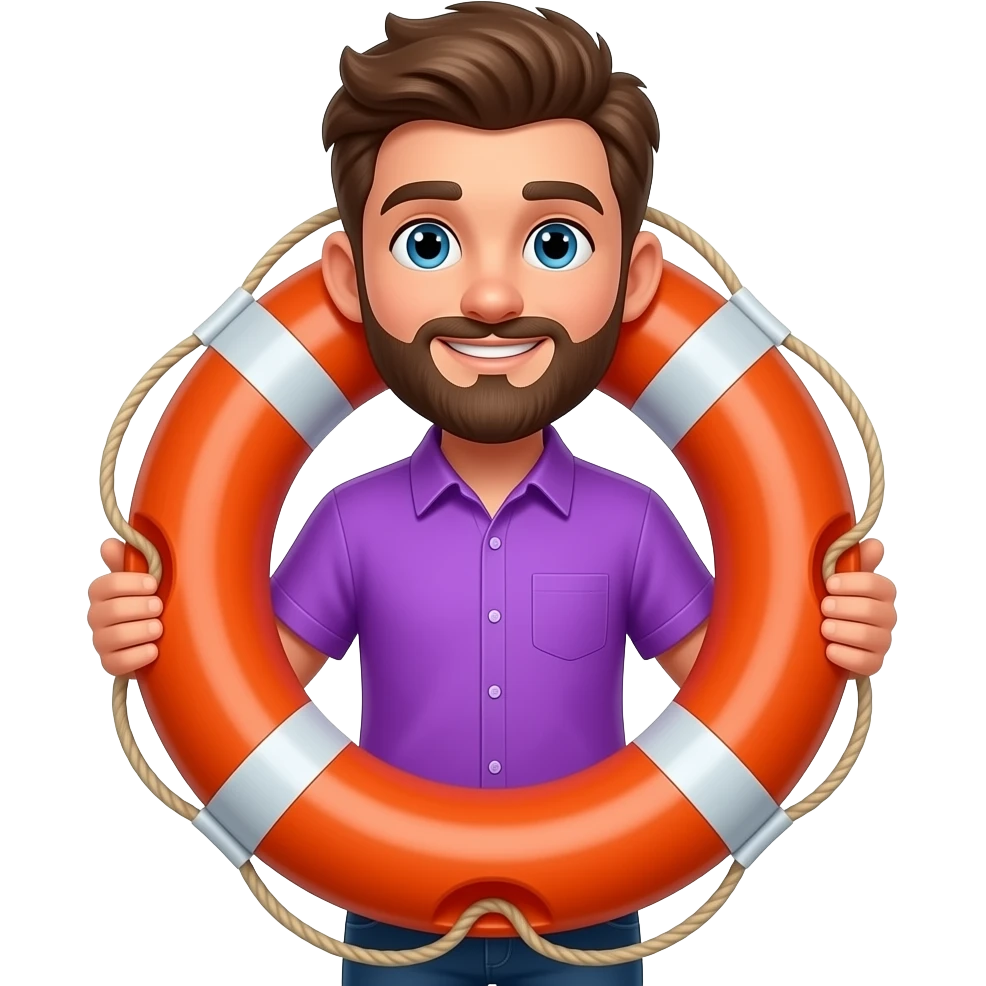 a boy in vibrant purple shirt with beared hold a big size life preserver with two hands emoji