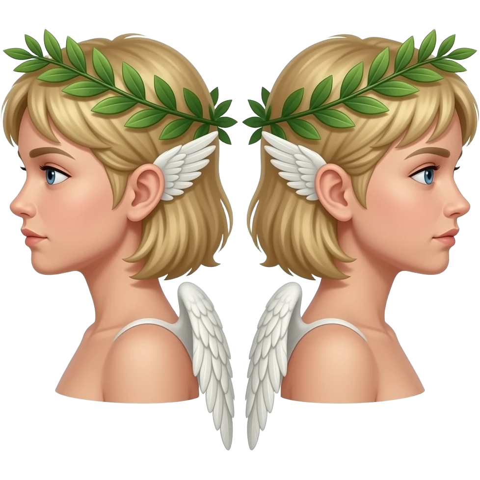 twins, two faces in profile in a parallel composition, they have small wings instead of ears and a laurel wreath around their heads emoji