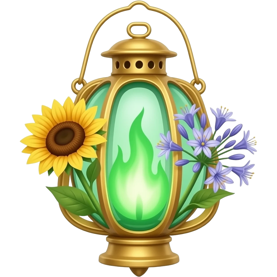 A golden hanging lantern with a bright emerald flames, an empty loop on top, sunflower & asphodel wrapping it, focus more on the green flames, paint the glass more green, have its bottom point come to some sort of point emoji