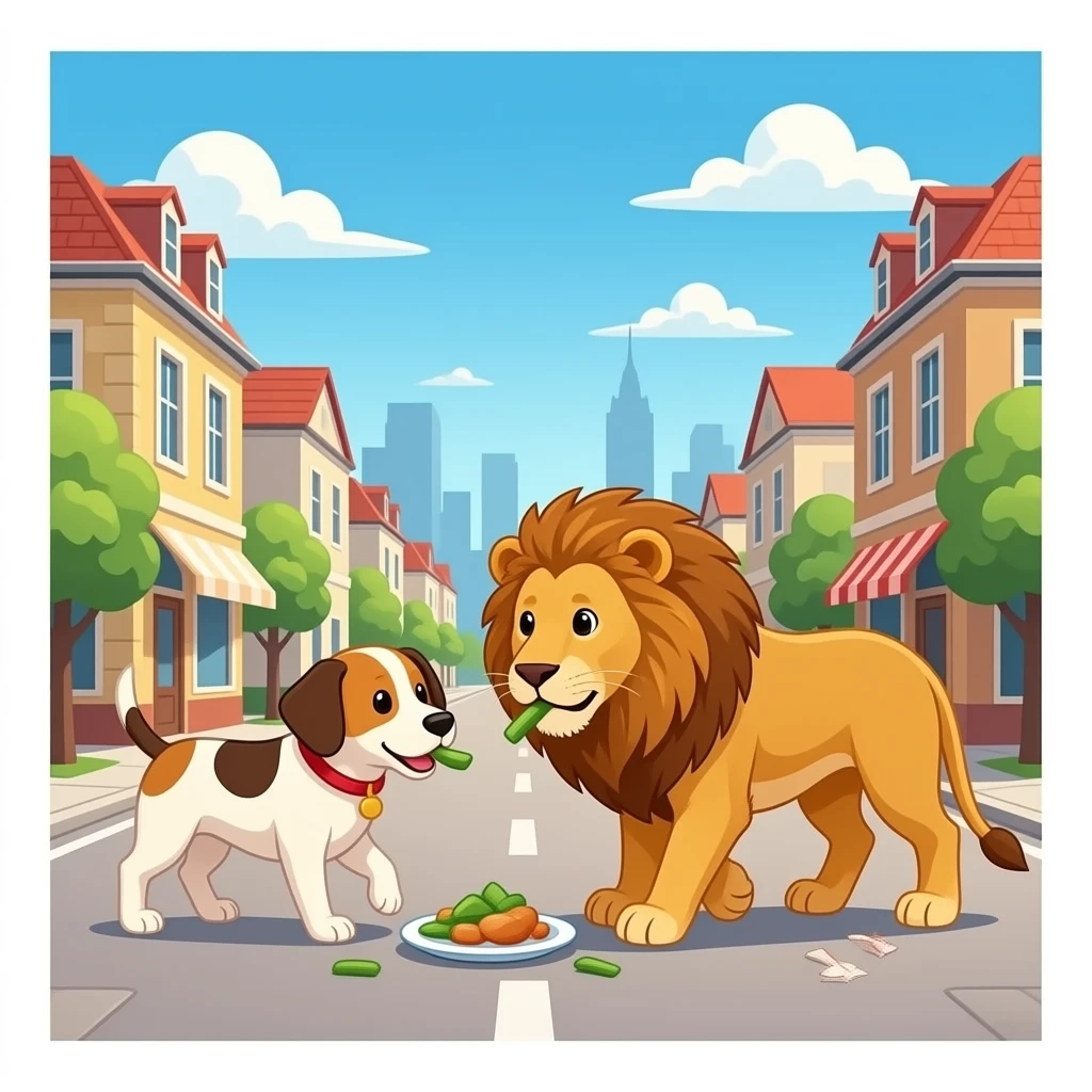 hazme un perro y un leon caminando por un pueblo y comiendo emoji