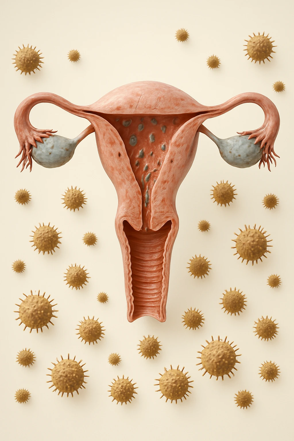 utero umano realistico con batteri della candida intorno, la foto si deve vedere per intero in formato verticale, sullo sfondo neutro chiaro ci sono batteri della candida, iperrealistico 4k emoji