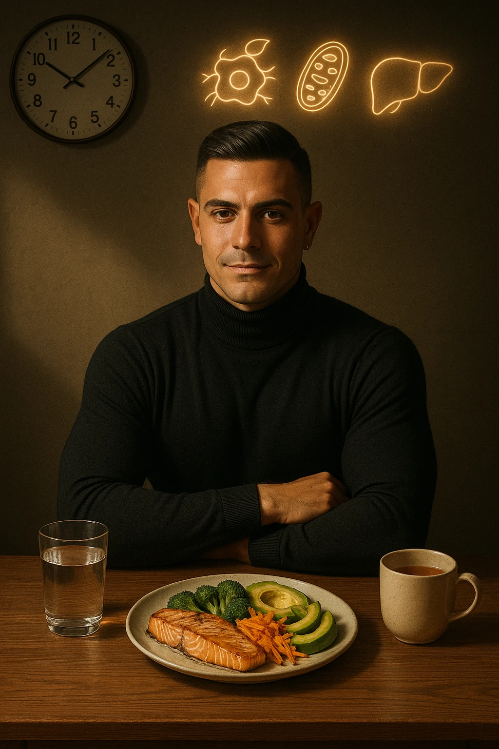A realistic, cinematic illustration of a healthy, fit man in his early 30s with a calm, disciplined expression, sitting at a clean wooden table in the evening with a single, balanced, nutrient-dense meal in front of him (grilled salmon, colorful vegetables, avocado). The rest of the day he drinks only water and herbal tea, visible in a glass and a simple cup on the side. A wall clock in the background shows 6:00 PM, emphasizing that this is his only meal of the day (OMAD). Subtle glowing icons above him display a regenerating cell, mitochondria, and a liver symbol, representing autophagy, longevity, and health benefits of OMAD. The lighting is warm, with cinematic shadows and natural tones, creating a sense of discipline, mental clarity, and health optimization. The man looks centered and content, showing that OMAD is a conscious choice for energy and regeneration, not restrizione. The scene is realistic with slight film grain for depth emoji