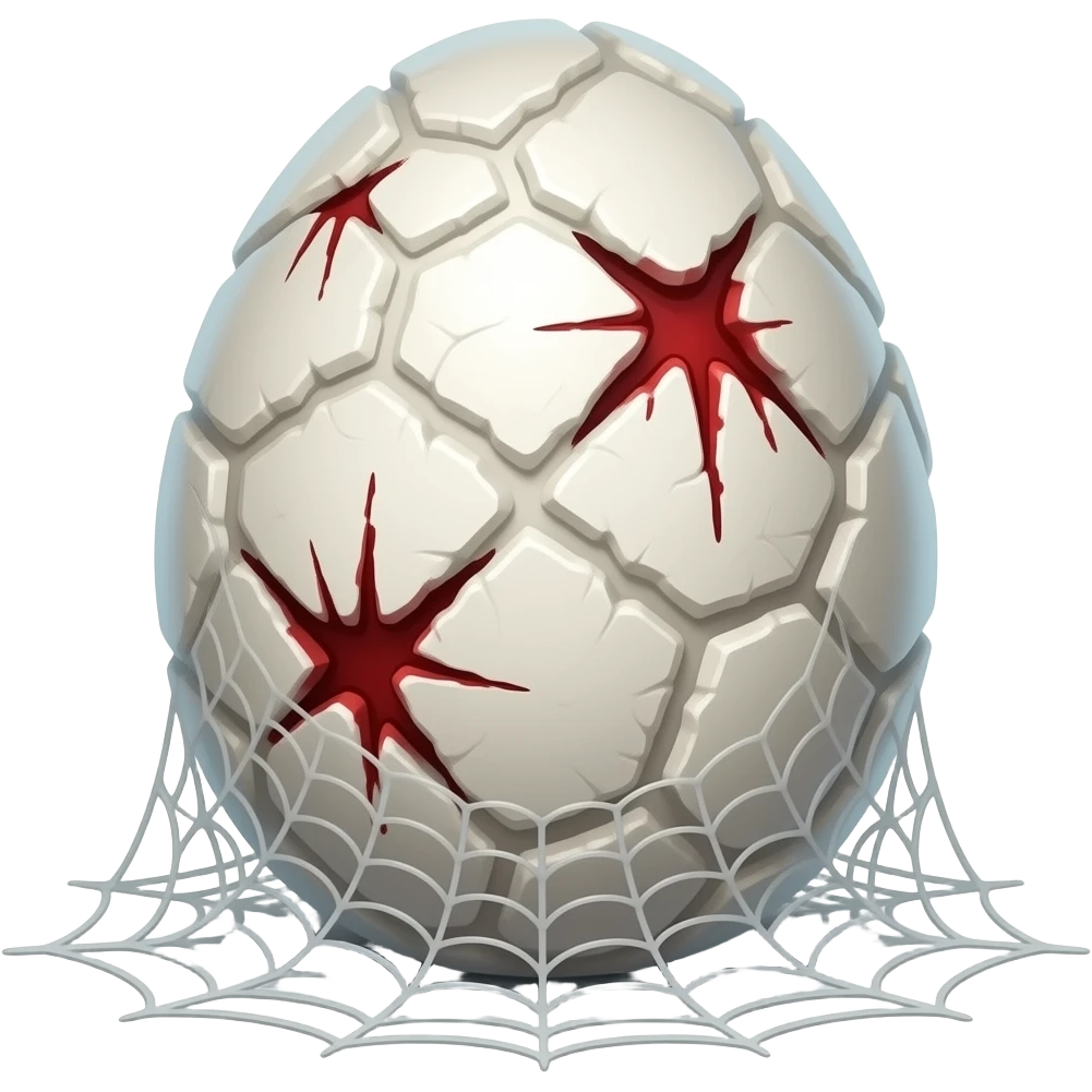 giant Sliken egg pod  with thick coat of huge coating of slik wrappings all over white cocoon  with red claw marks covered with thick layers white  spider slik  webbings wrappings on the ground emoji