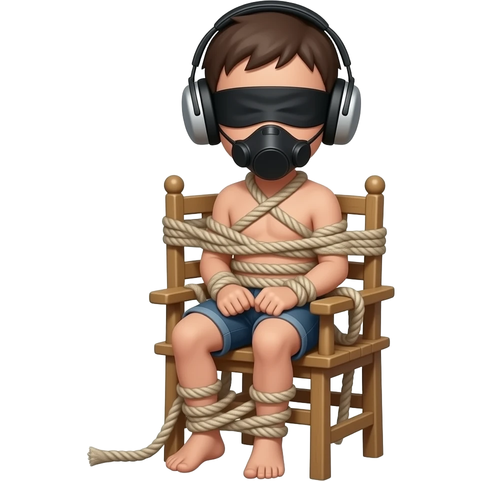 Naked boy bondage blindfold chair tied muzzle earmuffs emoji