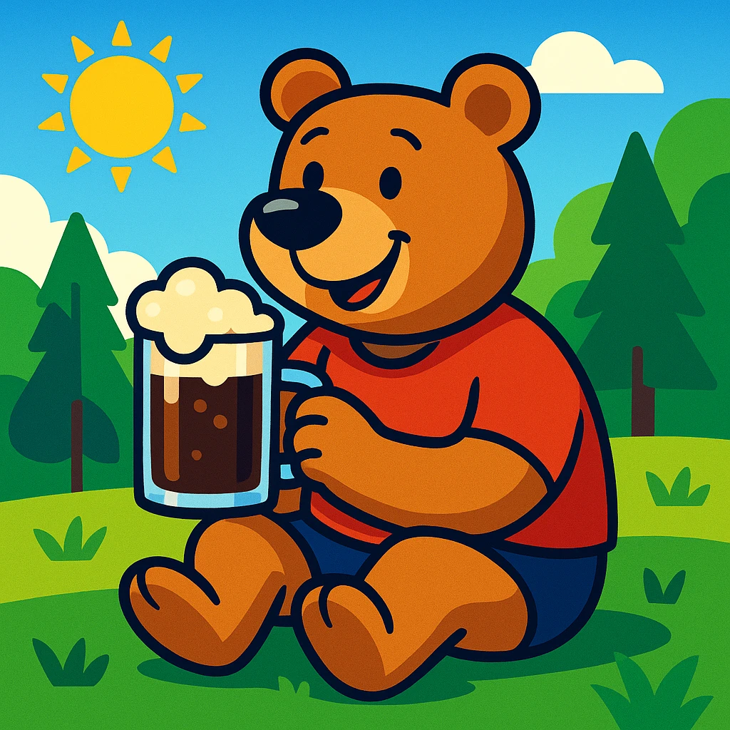 cartoon bear in a red t-shirt sitting on grass in a sunny forest clearing on a clear summer day, holding a glass mug of kvass with foam emoji