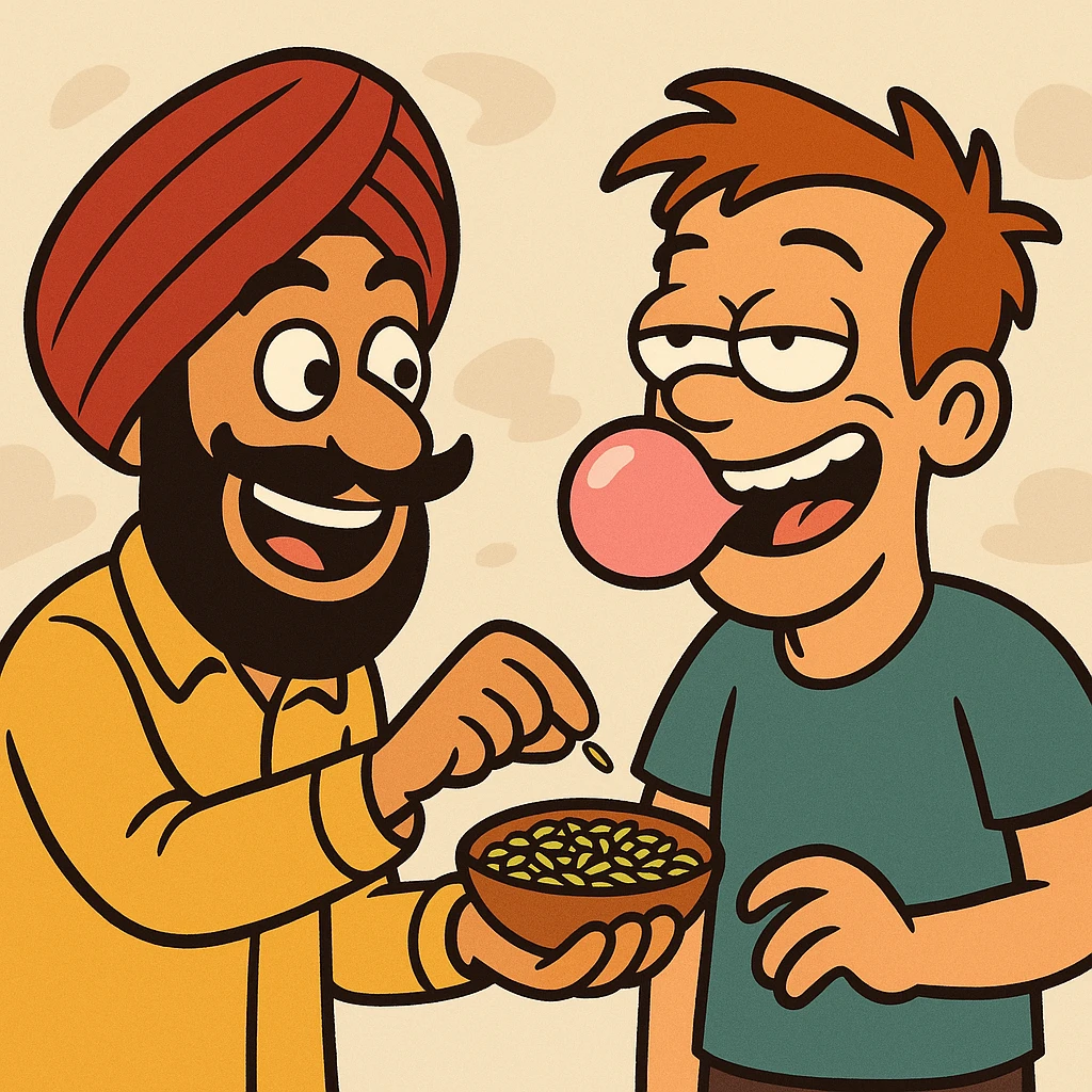 funny emoji of a Sardar character offering saunf to another character who is chewing gum, both smiling, lighthearted style emoji