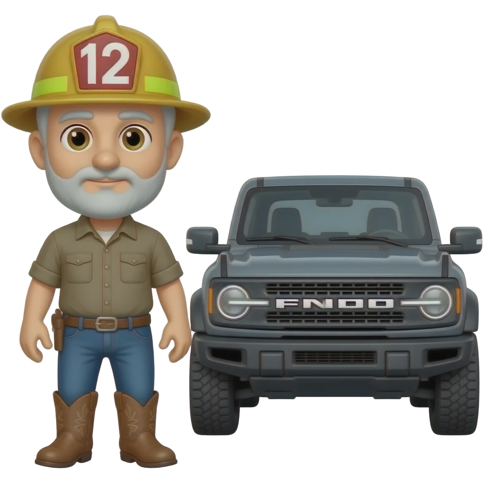 Ford bronco Cartoon emoji-style grey haired man in jeans, cowboy boots, and a firefighter helmet with 12 on the front standing next to marsh gray colored 2025 ford bronco emoji