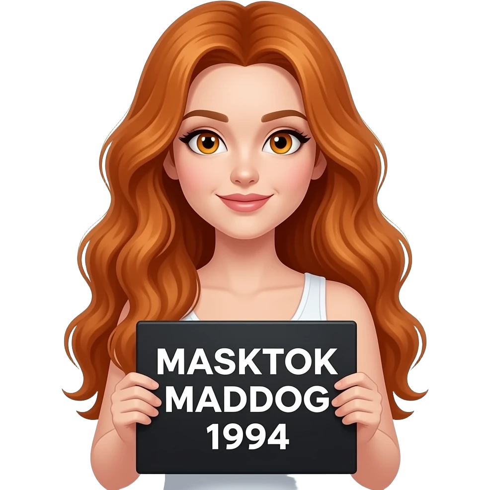 sexy girl with long wavy ginger hair and ginger eyes wearing a white tanktop is holding a black colored sign with MASKTOK MADDOG 1994 written on it emoji