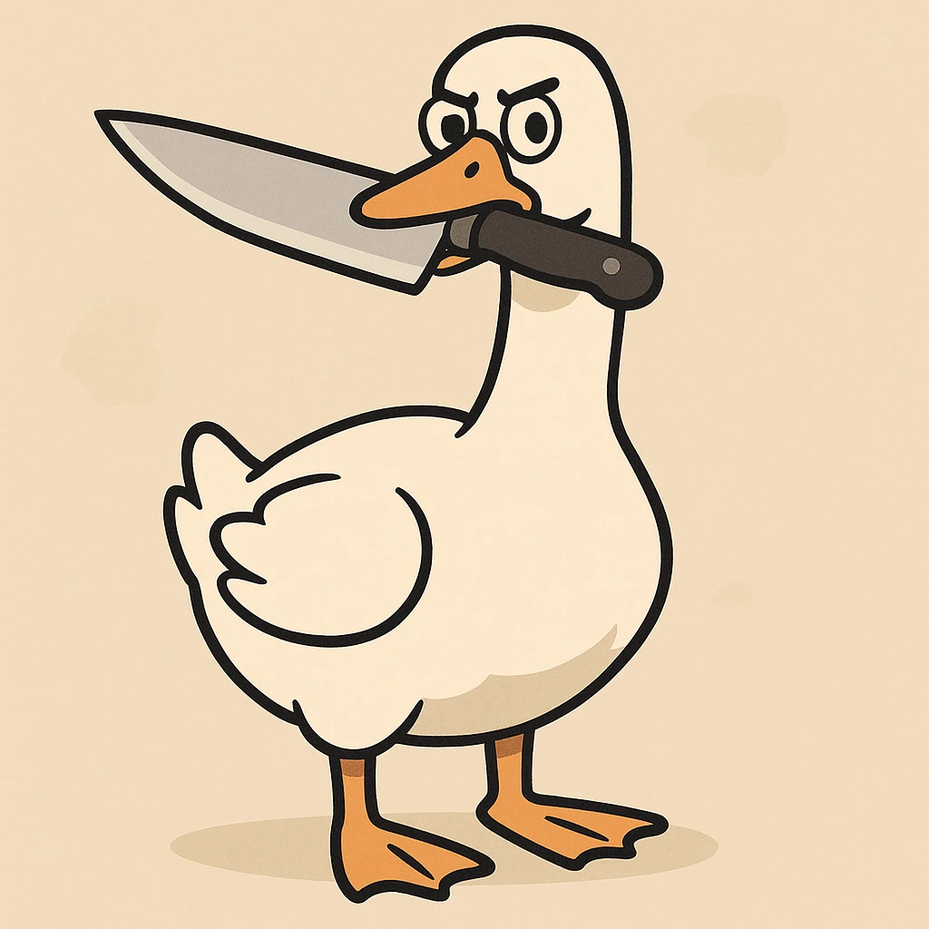 a goose with a knife in its mouth, flat toon cartoon style emoji