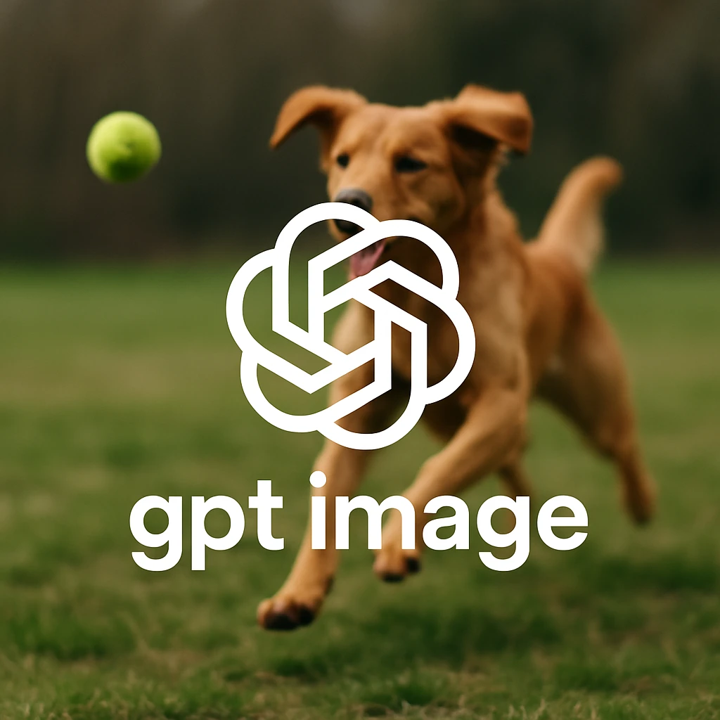  logo of chat gpt with text "gpt image" on the background of a dog chasing ball, realistic image emoji