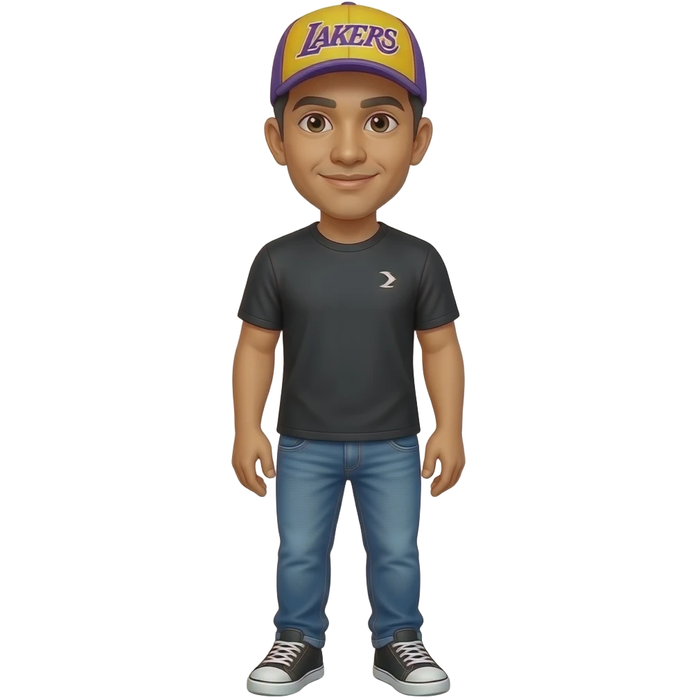 Yellow small eyed man that loves to wear gymshark shirts, lakers hat and balloon fit jeans. Filipino man. Show the whole body and make the eyes even smaller emoji