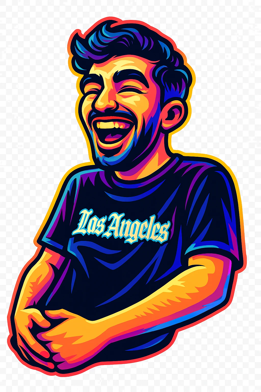 Convert the photo to a cartoon sticker in the style of Flux Pro with a laughing expression and transparent background. The style should reflect the vibrant and pop colors typical of Flux Pro cartoon stickers. emoji