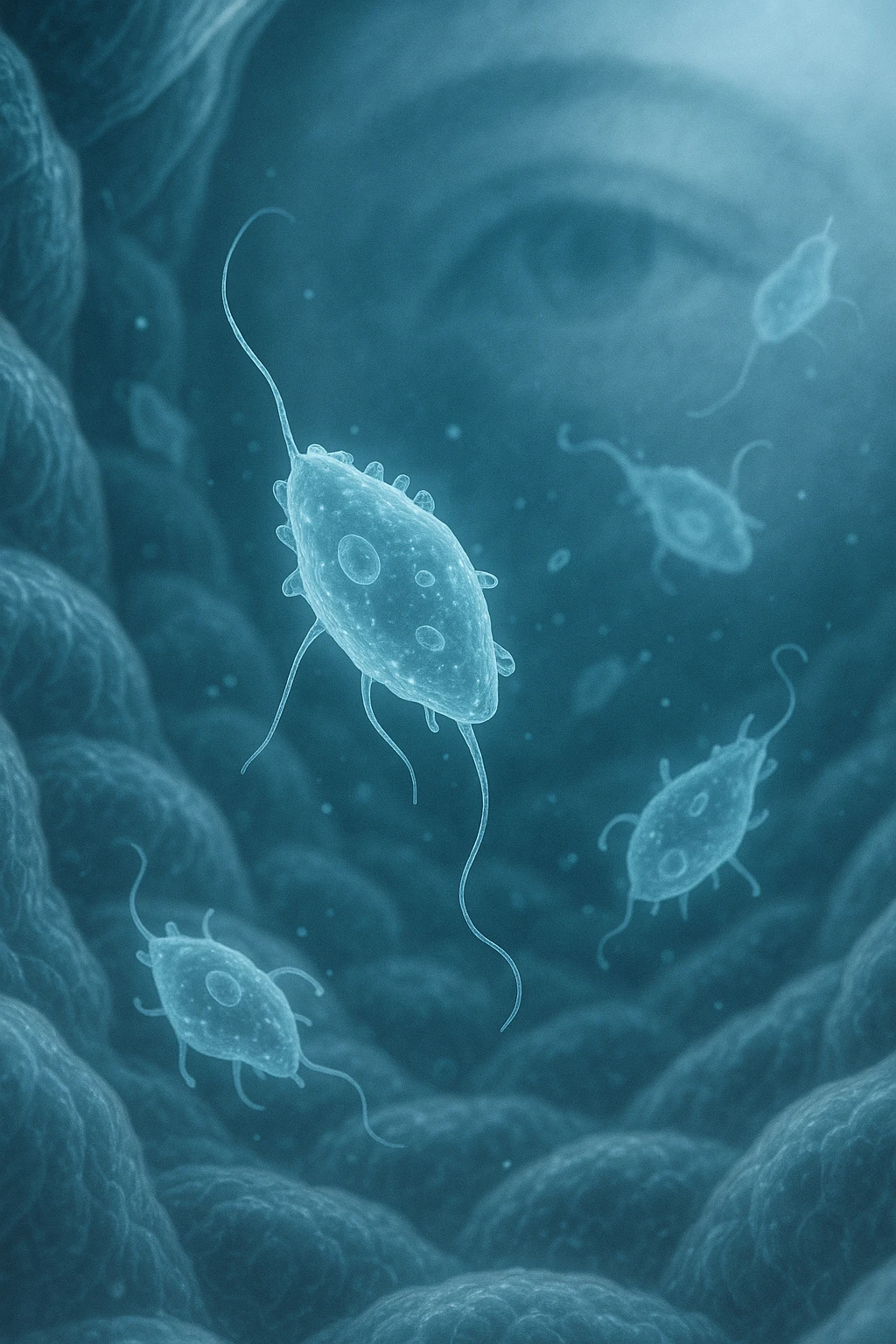 A detailed macro-style image of a translucent human intestinal wall under extreme magnification. Floating nearby are multiple protozoa — small, semi-transparent, shapeshifting organisms with flagella or cilia, glowing faintly under the microscope. In contrast, a faded overlay silhouette of a human eye is shown in the background, symbolizing how these organisms are invisible to unaided vision. The scene is softly lit with cool bluish tones, evoking a clinical and microscopic atmosphere. Focus is hyper-sharp on the protozoa, with blurred organic tissue textures in the background. Educational yet haunting, it shows how much remains unseen inside the body emoji