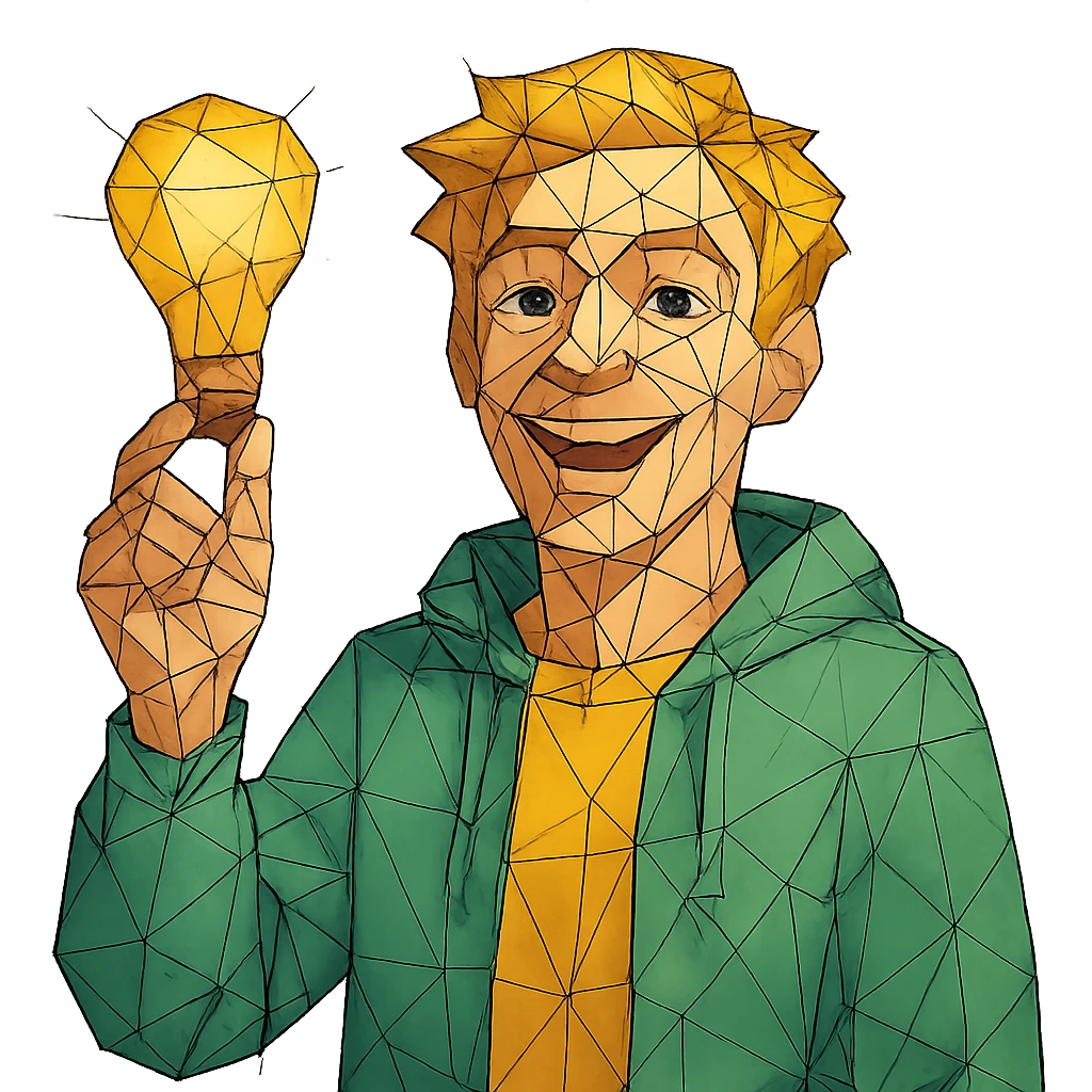 bright and expressive male visionary, fair skin, tousled golden hair, wide joyful eyes, wearing a green hoodie over a yellow tee, one hand raised with a glowing lightbulb, waist-up, front-facing emoji