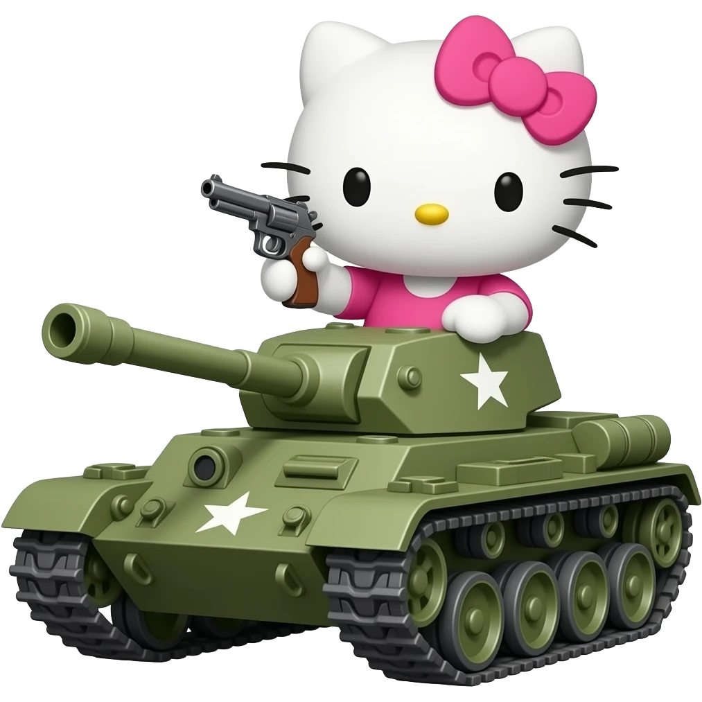 cute hello kitty in pink dress . holding a gun. and he sits in a war tank emoji