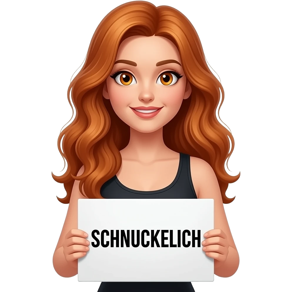sexy girl with long wavy ginger hair and ginger eyes wearing a black tanktop is holding a white sign with SCHNUCKELICH written on it emoji