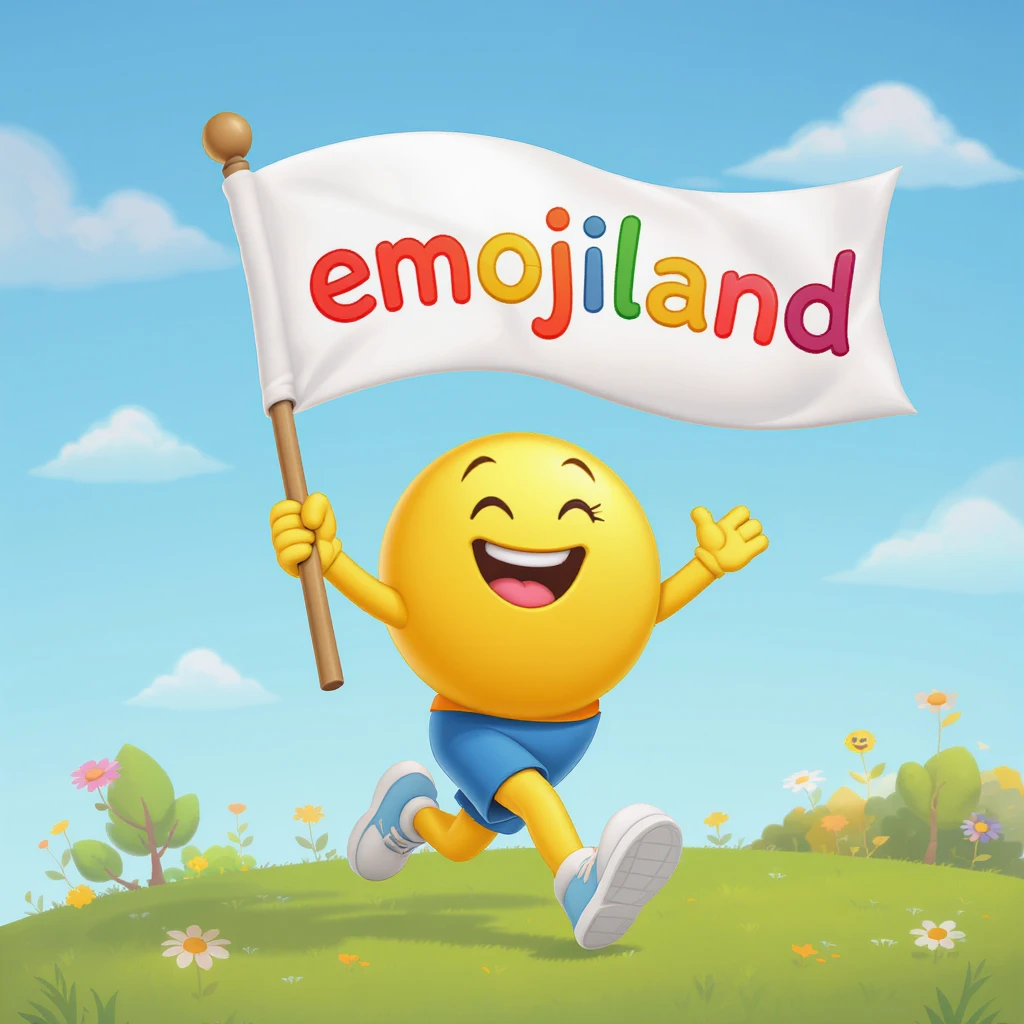 happy runner waving a flag that says 'emojiland' emoji