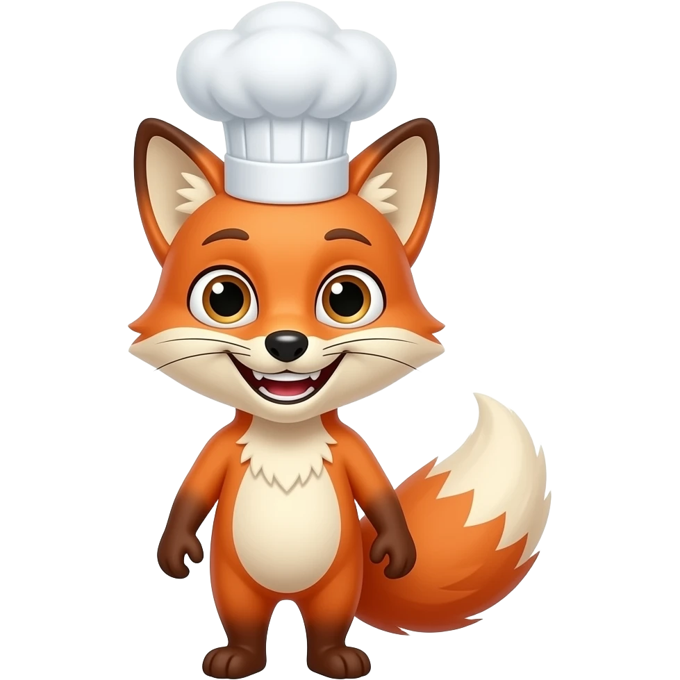Feral Kitchen & Lounge: 3D emoji style, glossy surface, soft shadows, white background, centered, no text, wild fox character, chef hat, mischievous grin emoji
