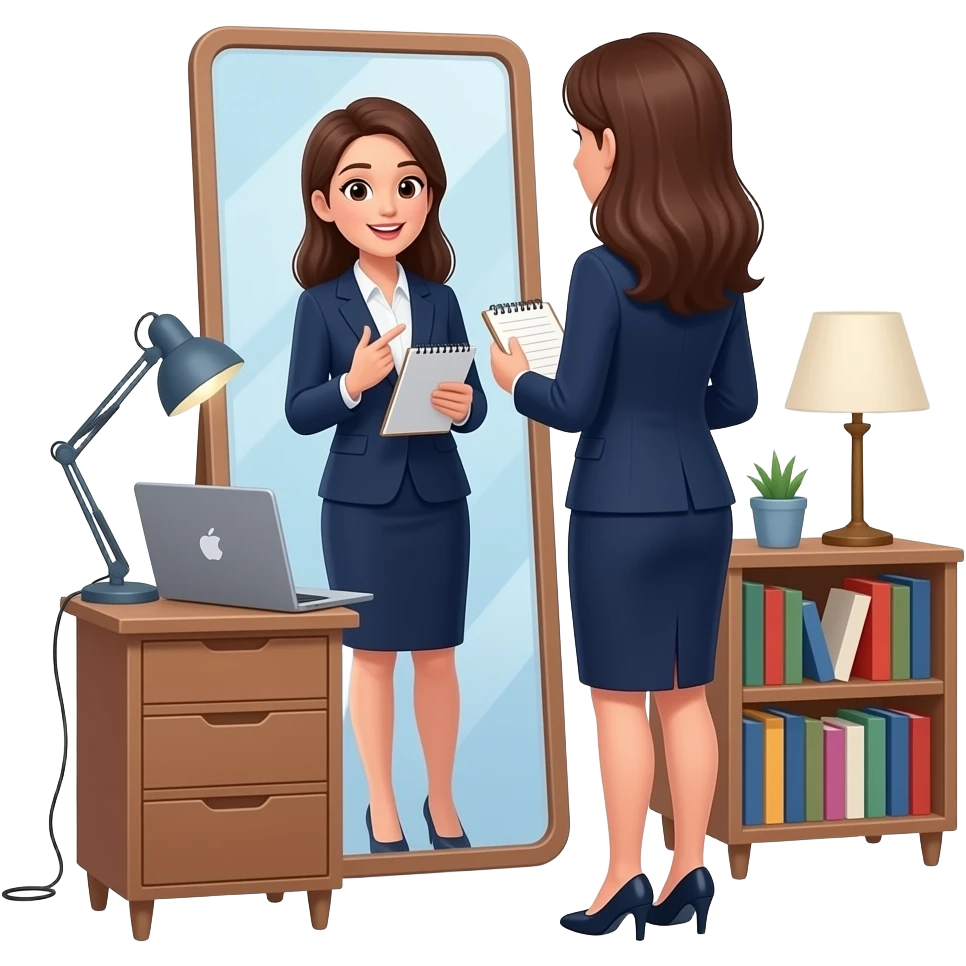 A woman in a suit practicing for an interview.  simply style. emoji
