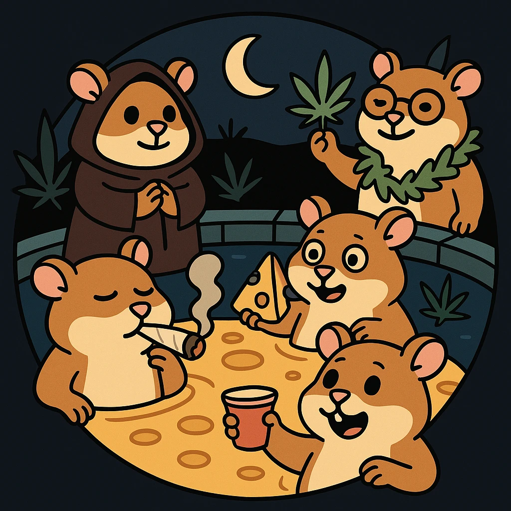 Discord server icon, circular, centered composition of a hamster cult weed and cheese pool party at night, bold and graphic, flat toon style emoji