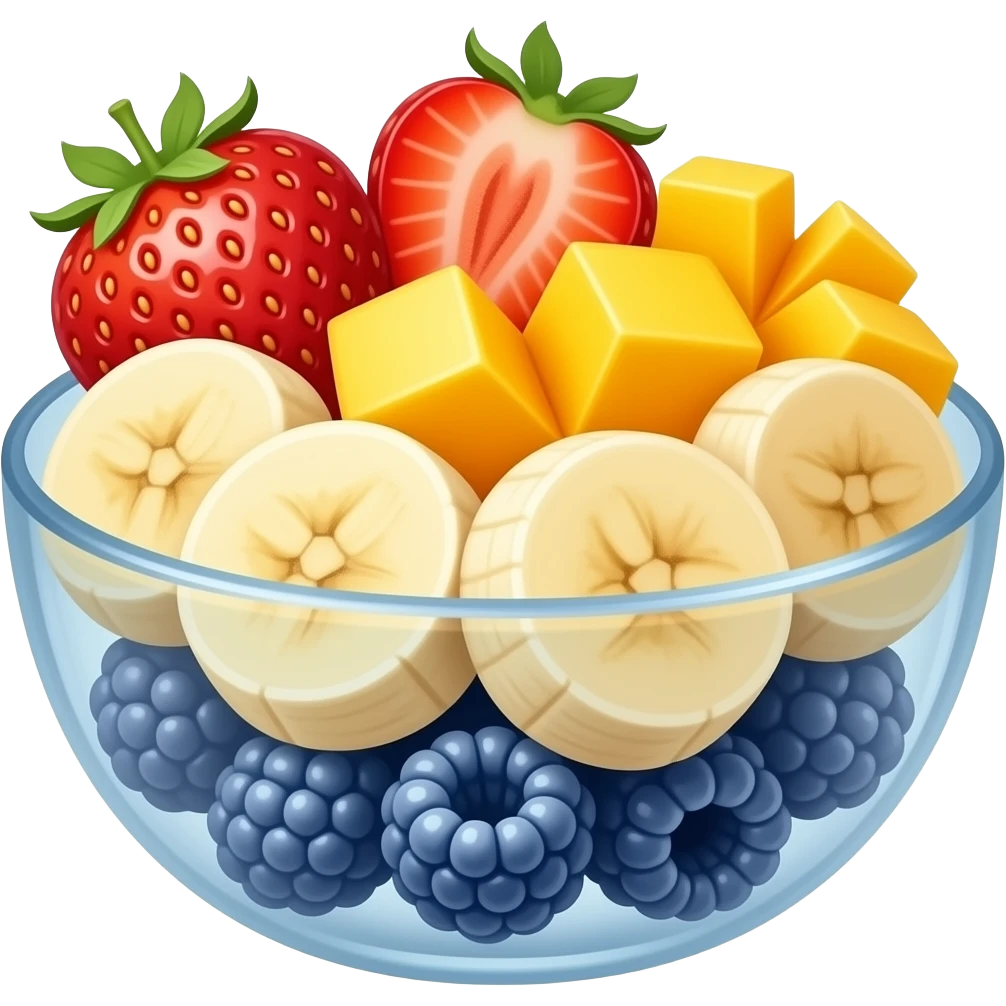 bowl of glass with slices of banana, strawberry, mango and blue raspberry emoji
