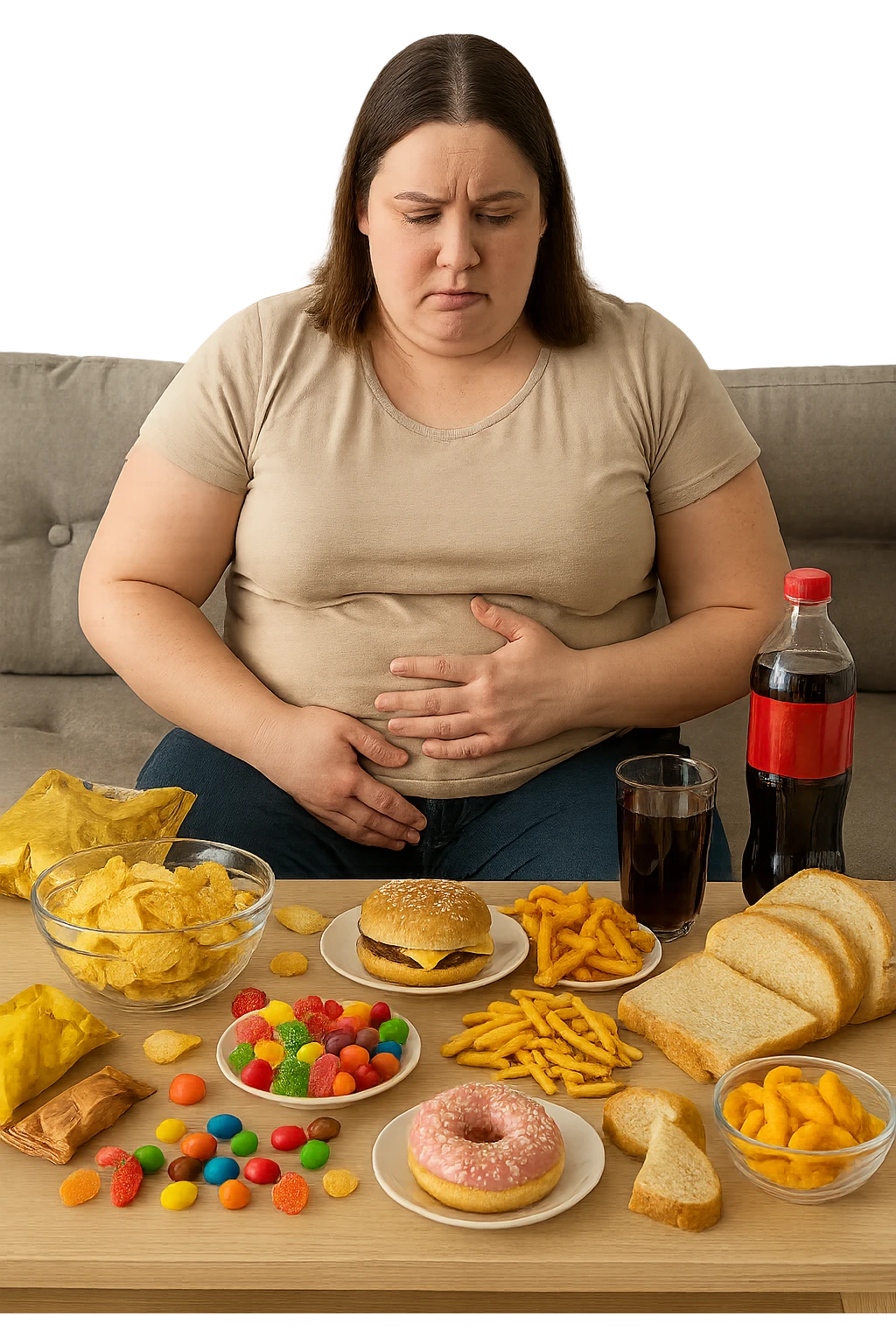 Donna tra i 25 e i 35 anni seduta sul divano o a un tavolo disordinato, circondata da cibi sparsi e poco sani: patatine, dolci, pane bianco, snack confezionati, bibite. con insulino resistenza emoji