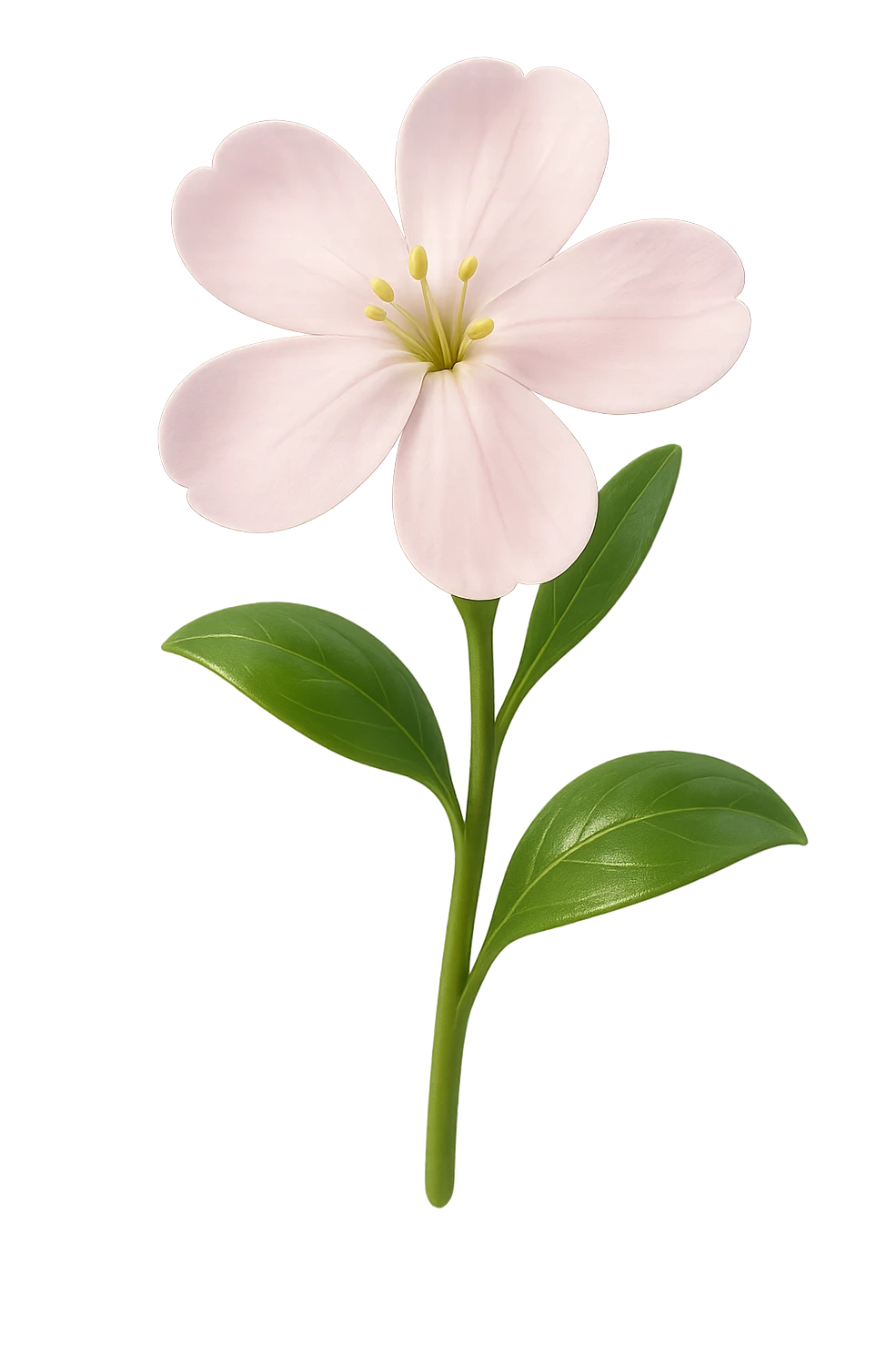 3D iOS-style realistic soapwort (Saponaria) flower, delicate pale pink petals, green stem and leaves, soft lighting, glossy effect, no background emoji