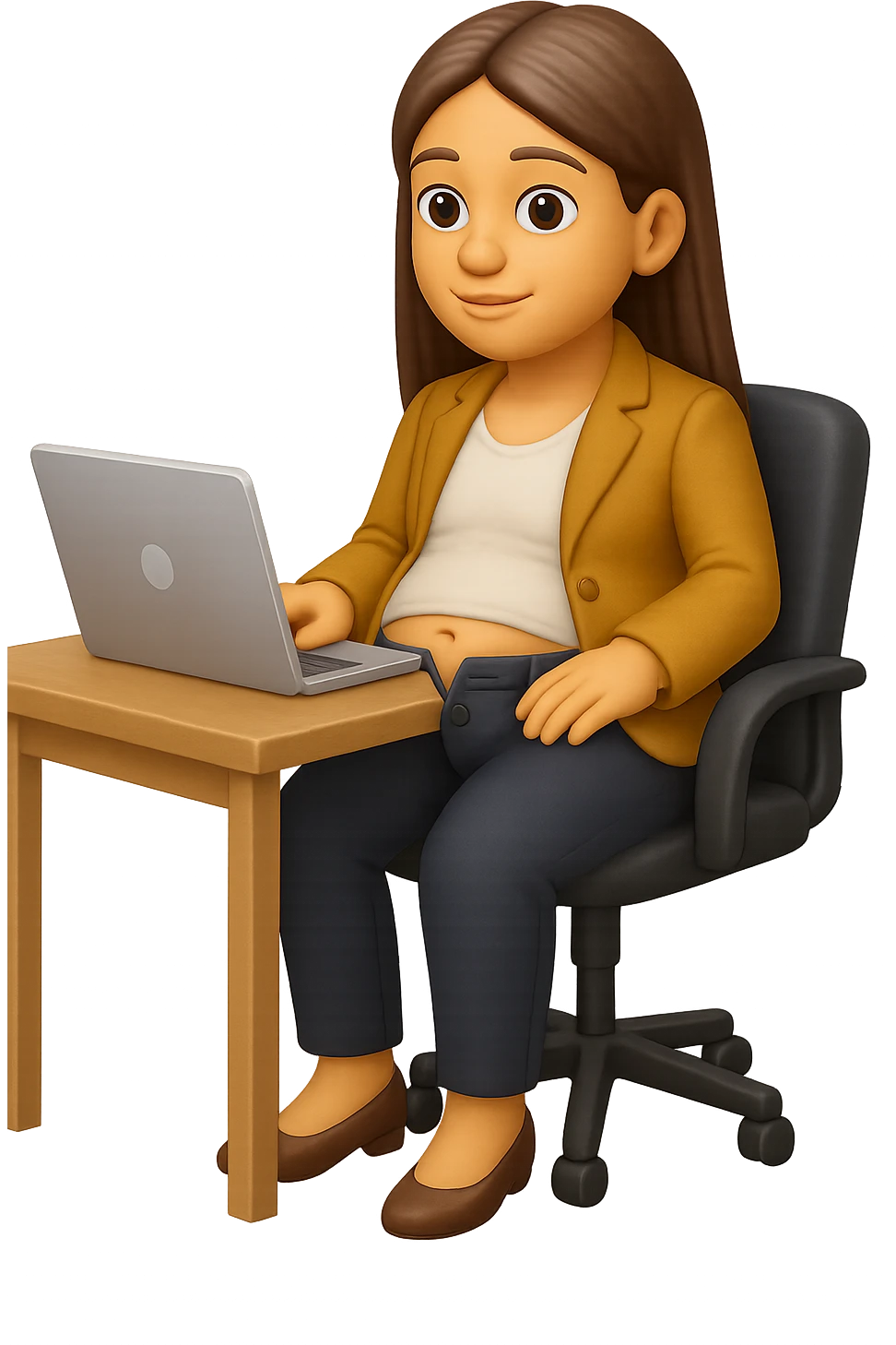 emoji stile iphone di una donna seduta alla scrivania dell'ufficio in completo elegante con i pantaloni sbottonati perché ha la pancia gonfia, falla a corpo intero, iperrealistico 4k emoji