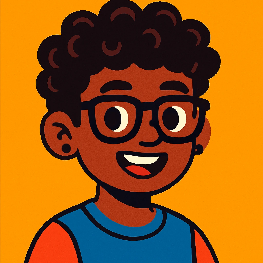 boy with curly hair and brown skin, wearing black glasses and earrings, modern friendly illustration style emoji