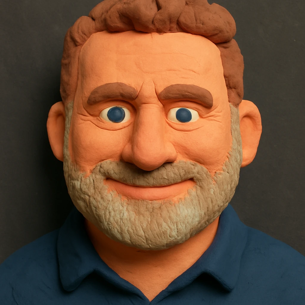 Claymation portrait of the user's face with a slightly larger forehead, friendly and confident facial expression, background in anthracite color. emoji