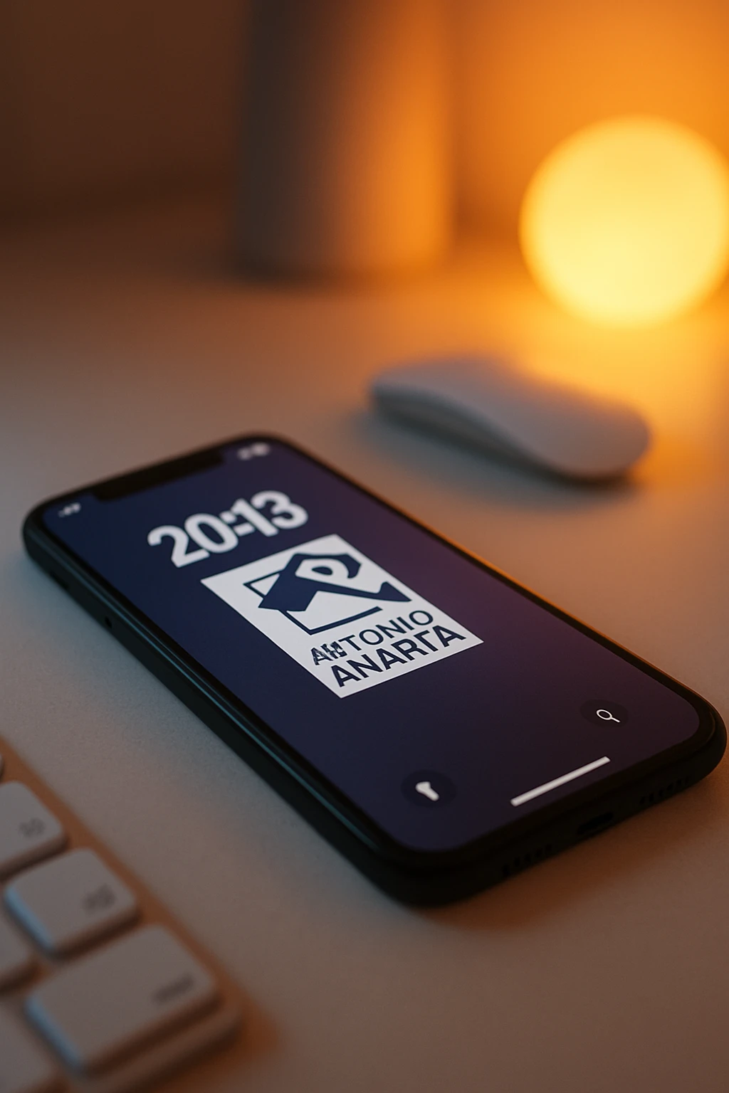 A photo of an iPhone on the desk with the message "Antonio Anania" on its screen, The phone sits atop a desk with a blurred background that suggests work environment. A faint glow from above casts gentle shadows across the surface of each object, creating depth and highlighting their textures emoji