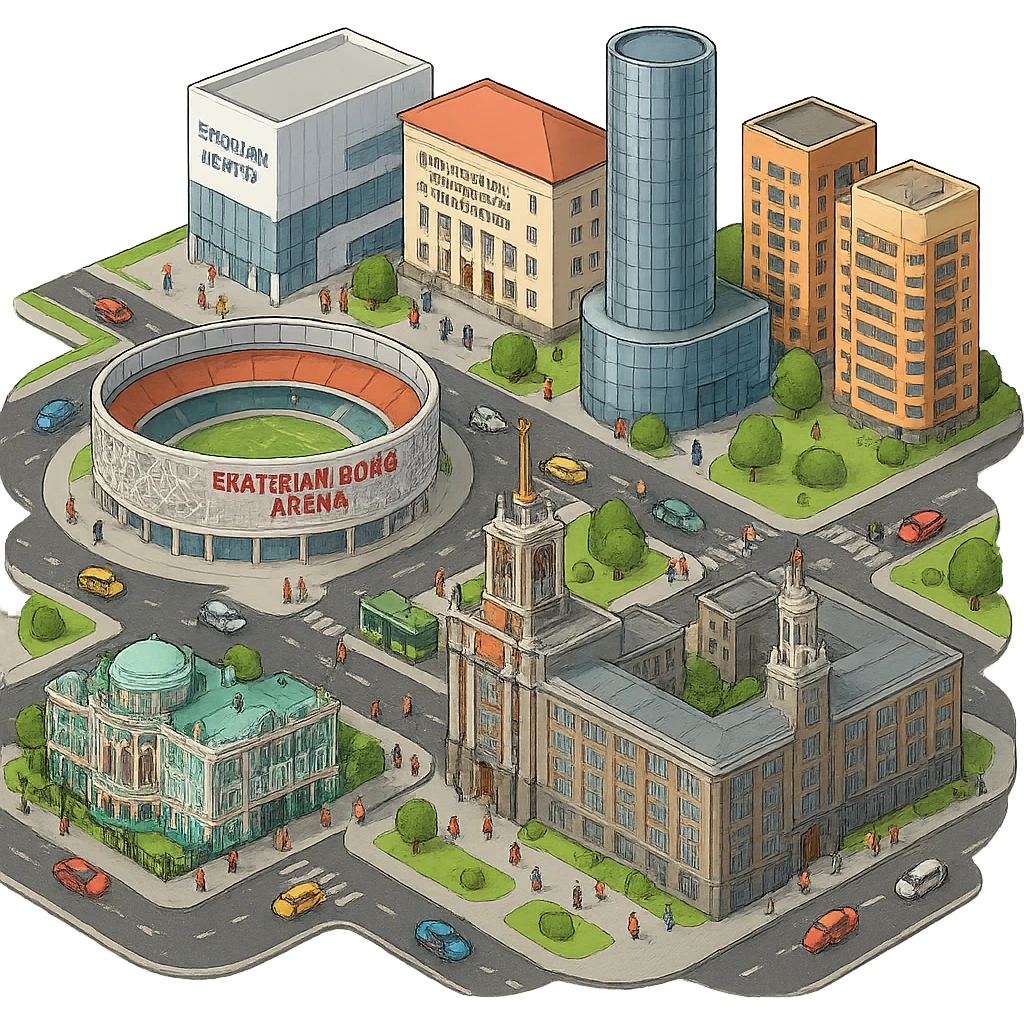 Изометричная миниатюрная фотореалистичная 3D модель Екатеринбурга - Дом Севастьянова, Ельцин-центр, Уральский федеральный университет, дома, Екатеринбург Арена, Штаб-квартира Русской медной компании, Здание Свердловского городского совета народных депутатов, четкие линии, яркие цвета, мультяшный реализм, люди, автотранспорт, компактная композиция, вид сверху в изометрии, прозрачный фон emoji