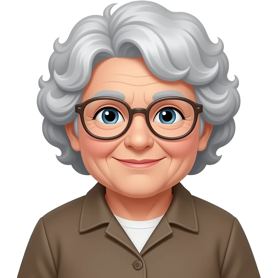 Silly old lady, curly gray hair, glasses, chubby emoji
