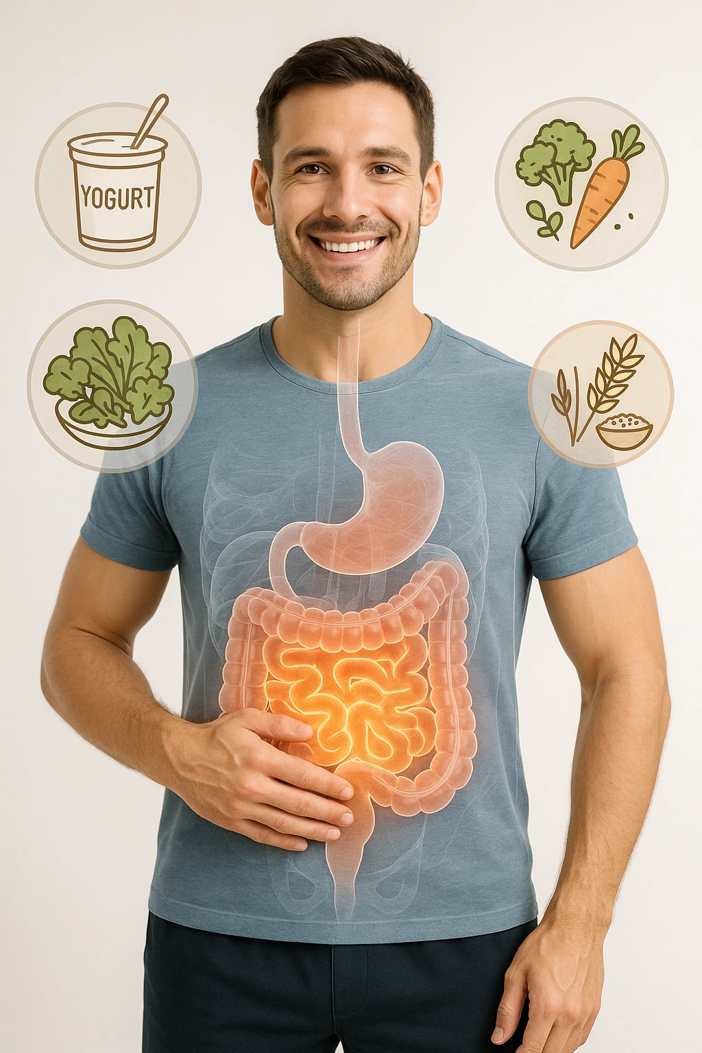 a fit, smiling man stands confidently with one hand on his abdomen. A transparent overlay reveals a healthy, detailed digestive tract with a glowing, vibrant intestine. Around him, icons of healthy foods like yogurt, vegetables, and whole grains float, symbolizing good gut health. The background is clean and bright, with an educational mood. emoji