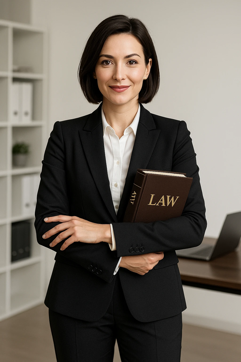 female lawyer, modern business attire, standing confidently emoji