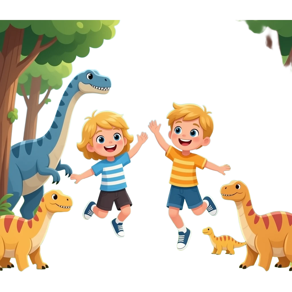 igual pero amb cabell rubio els dos nens, estan saltant en un  bosc ple de dinosaures emoji