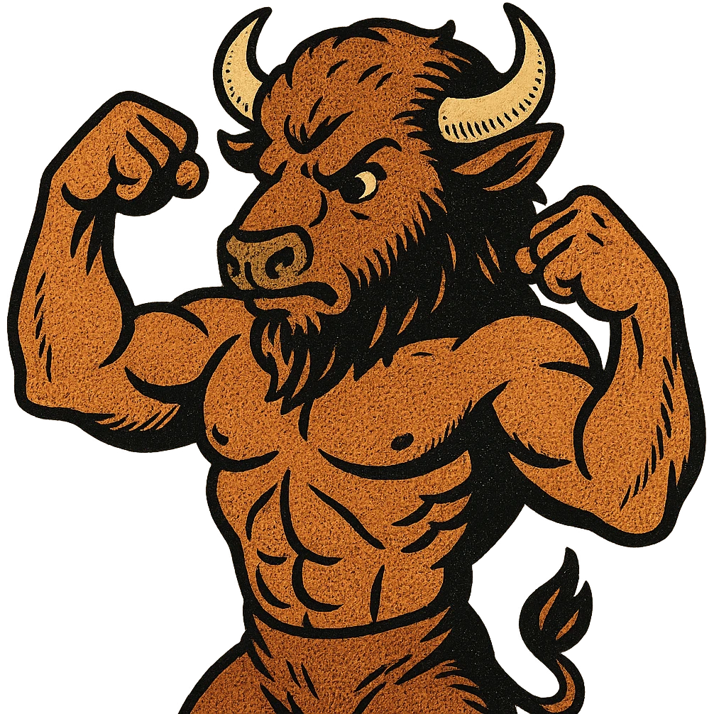 A buffalo from the American West looking big and strong flexing his muscles like a human emoji