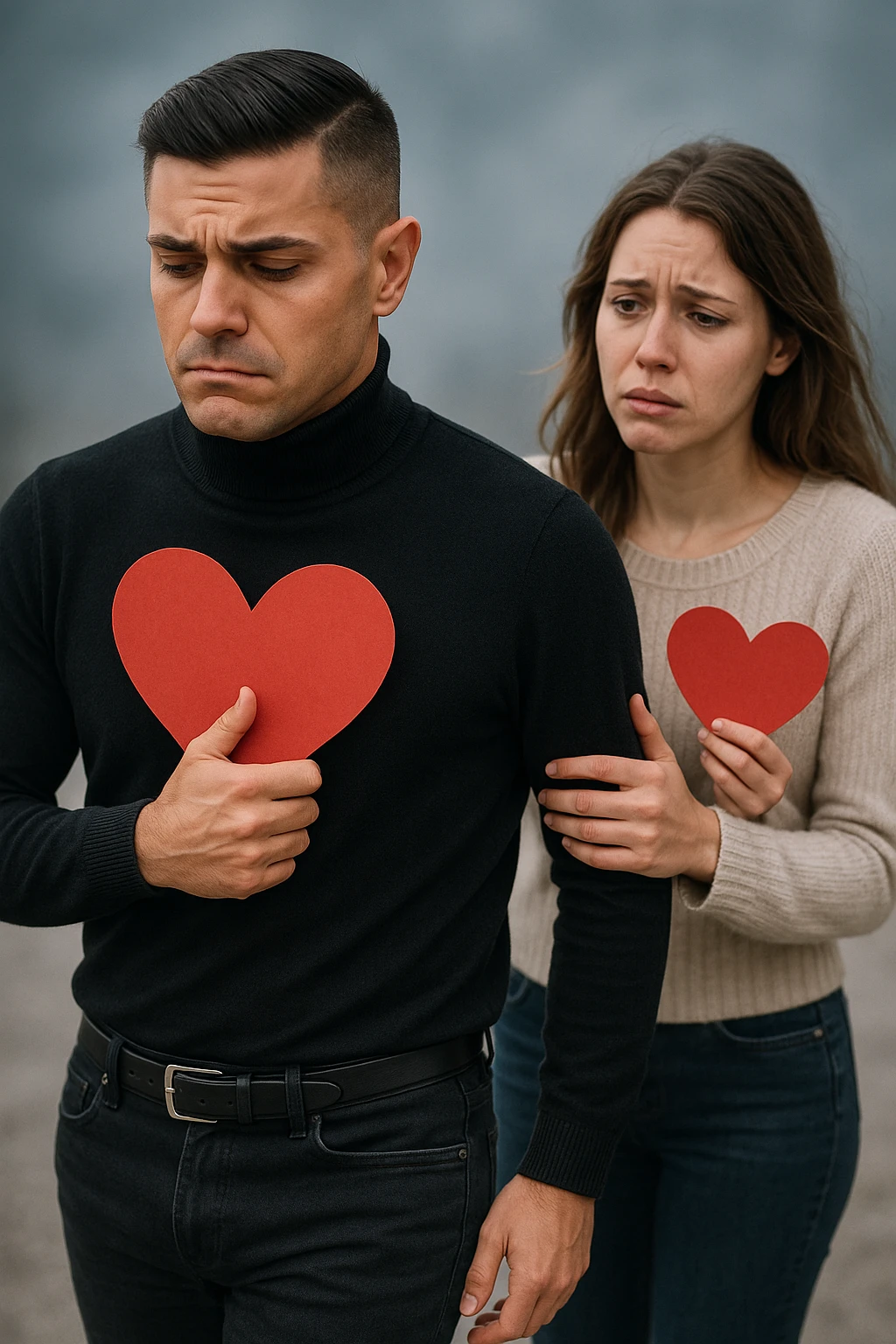 un uomo italiano in abiti casual si allontana da una donna che cerca di abbracciarlo. Lui stringe al petto un grande cuore rosso, mentre lei ne tiene uno più piccolo; entrambi hanno espressioni tristi, e la distanza emotiva è sottolineata da uno sfondo sfocato e freddo. emoji