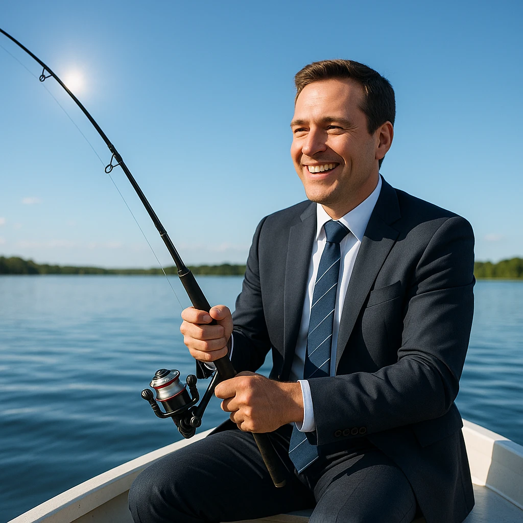 businessman in formal clothes fishing on a boat, smiling, sunny weather emoji