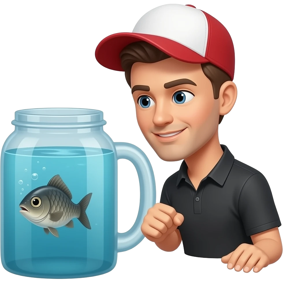 a guy with  a red and white hat on with a black shirt looking into the water at a fish he lost swimming away emoji