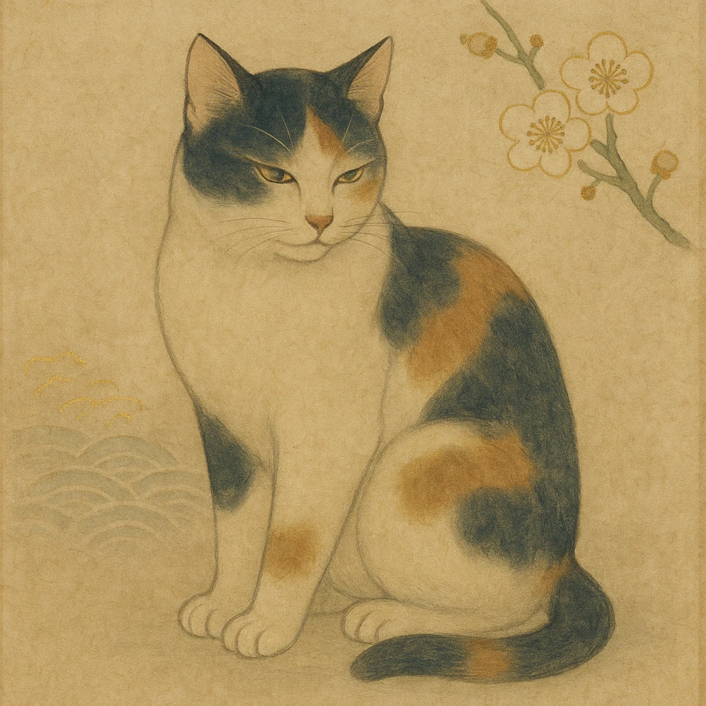 {
  "style_description": {
    "overall_look": "Traditional Japanese painting with a refined and serene aesthetic rooted in classical techniques",
    "material_simulation": {
      "primary_material": "natural pigments on washi or silk",
      "texture_detail": "subtle paper grain, matte finish, soft brushwork",
      "pattern": "occasional use of classical Japanese motifs such as plum blossoms, waves, or cranes"
    },
    "geometry": {
      "edge_style": "fluid and organic linework with gentle outlines",
      "dimensionality": "flat perspective with carefully balanced negative space"
    },
    "color_palette": {
      "scheme": "earthy and muted tones with occasional gold or mineral highlights",
      "preferred_colors": ["indigo", "sumi black", "reddish brown", "soft greens", "off-white"],
      "contrast": "low contrast, harmonious tones"
    },
    "lighting": {
      "type": "diffused, implied through tone rather than shading",
      "purpose": "maintain the contemplative and meditative quality of the piece"
    },
    "render_constraints": {
      "avoid": ["realistic lighting", "high saturation", "modern cartoon outlines", "digital gradients"],
      "focus_on": ["natural harmony", "elegance", "quiet emotional expression"]
    },
    "background": {
      "color": "neutral or light washi-inspired background",
      "style": "plain or softly patterned with traditional elements",
      "lighting_consistency": "flat and even, no cast shadows or dramatic highlights"
    }
  }
}

{subject} = cat emoji