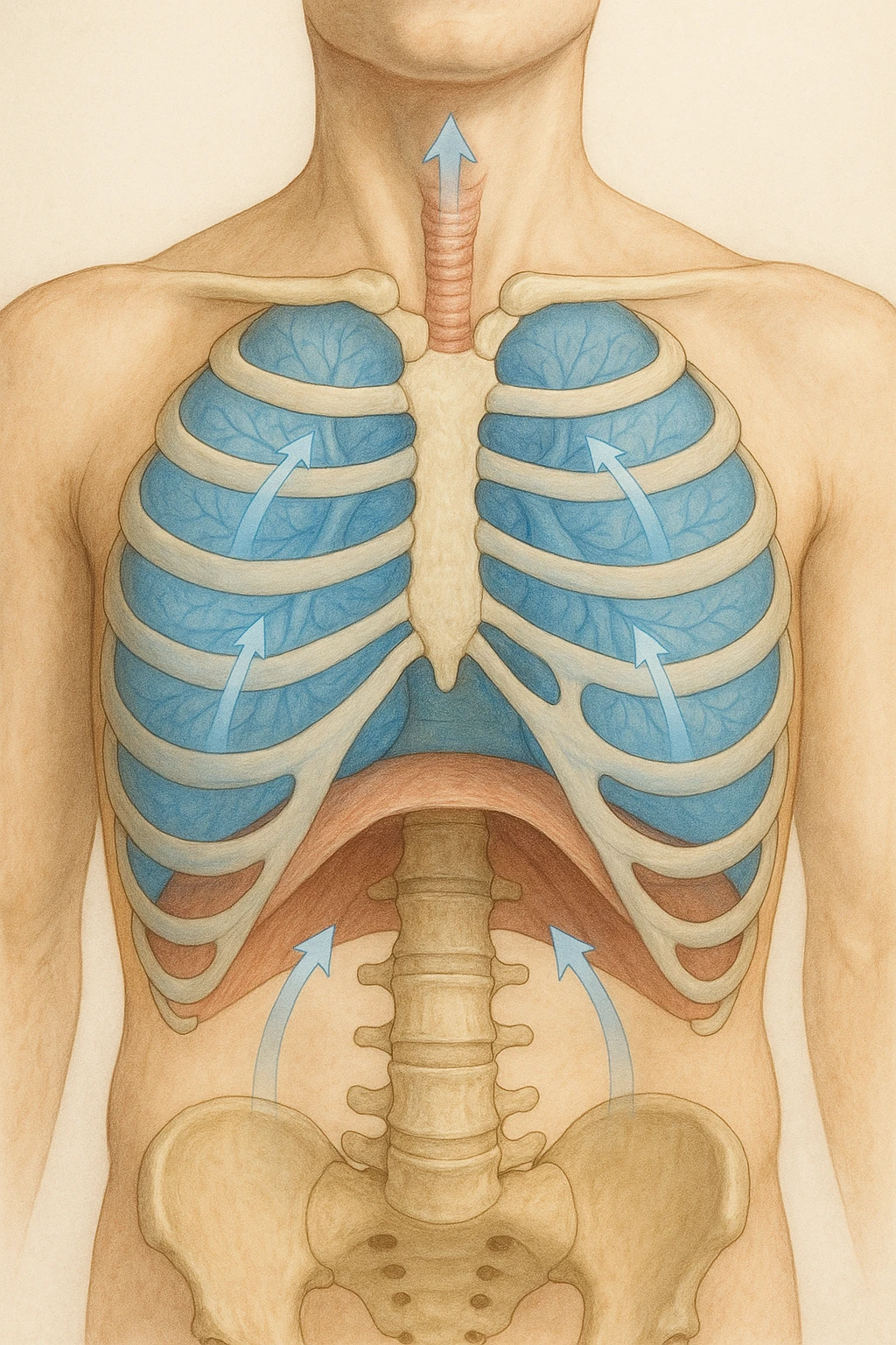 A realistic, high-quality anatomical illustration showing a human torso with visible rib cage and diaphragm. The ribs are shown in a decompressed, expanded state, allowing full lung expansion, while the diaphragm is depicted as relaxed and lowered, indicating deep, efficient breathing. Soft blue and warm tones highlight airflow and lung capacity, with light arrows illustrating the air movement during diaphragmatic breathing. The image conveys a sense of calm, openness, and optimal breathing mechanics, useful for physiotherapy, breathing education, and osteopathic learning contexts emoji