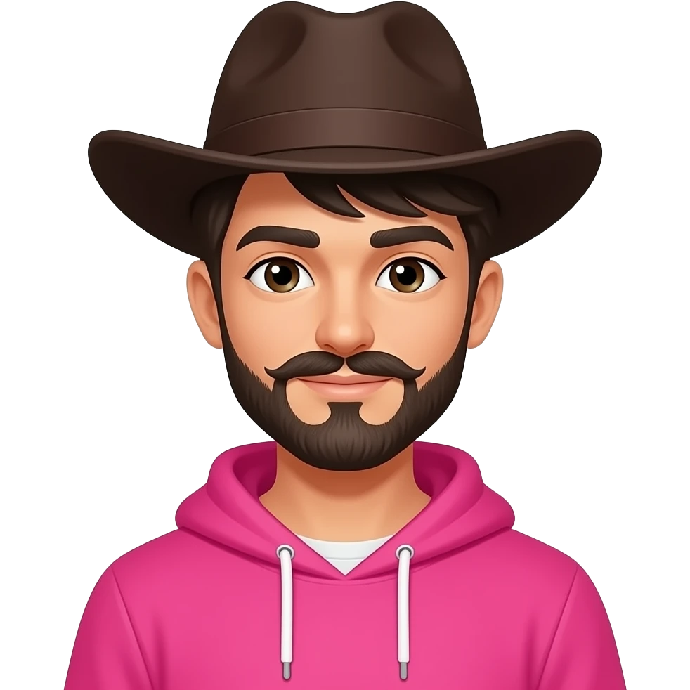 a boy with beared and long mostache sharp features wide shoulders wear vibrant pink clothes and wear dark brown hat emoji