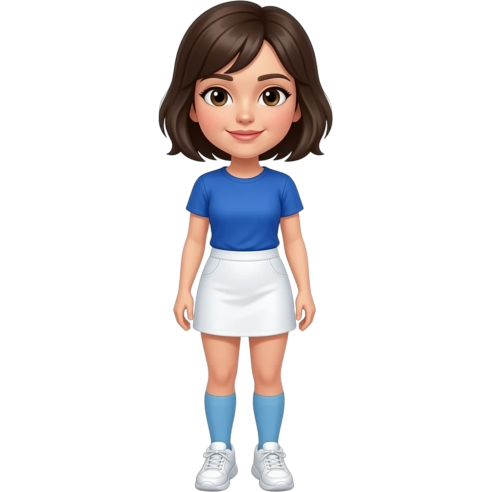 A woman with Brown eyes, Dark brown hair styled as a shoulder length Pixie cut, fair skinned and wearing a white skort, a royal blue T-shirt, pale blue socks and White running shoes. emoji