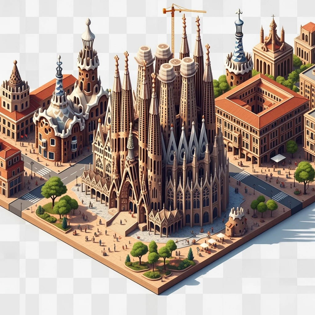 Isometric illustration of Barcelona, featuring Sagrada Familia with intricate spires, highly detailed in semi-realistic style, balanced between stylized and realistic, 3D miniature effect, transparent background. emoji